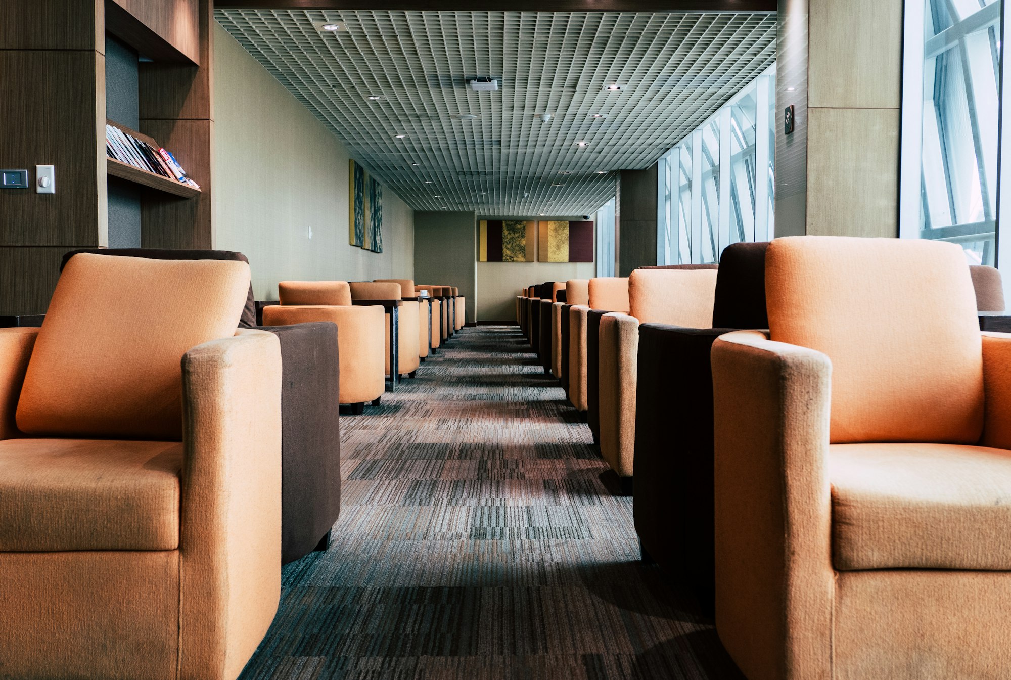 Empty airport lounge, empty seats